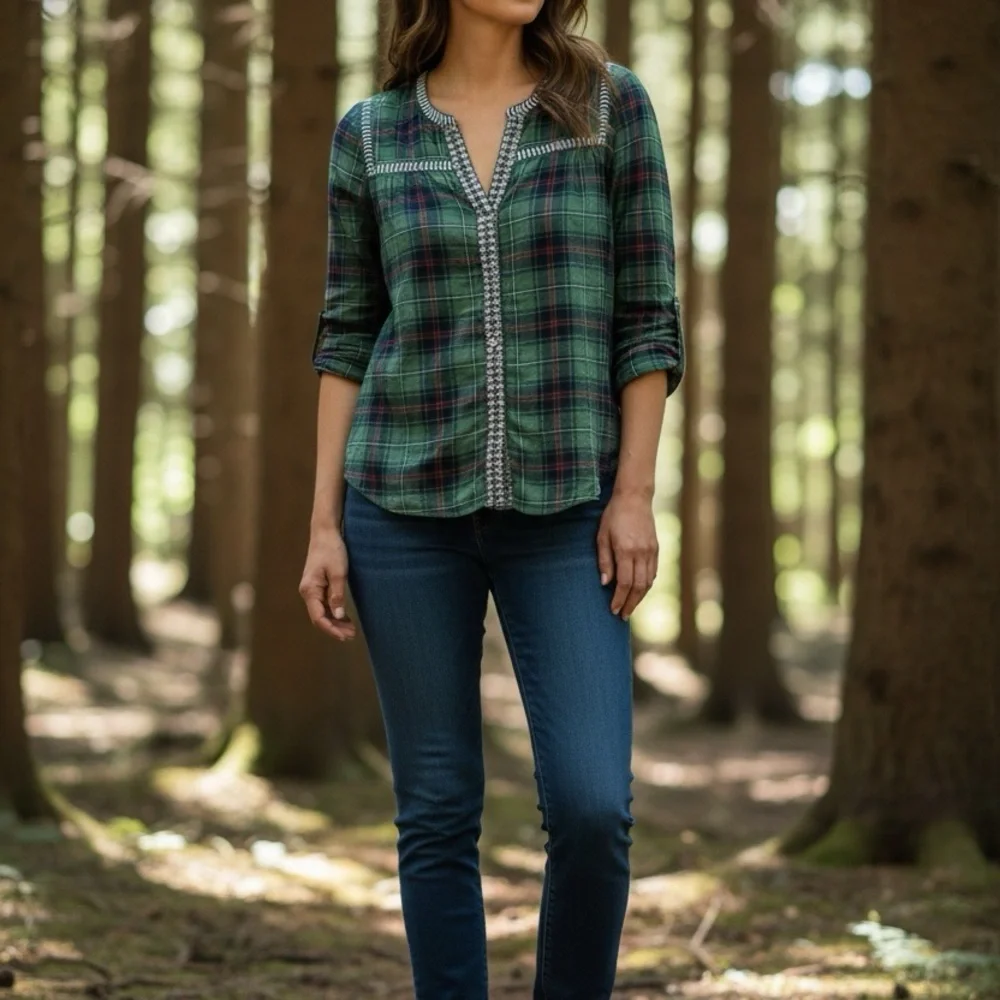 J. Crew Green Plaid Blouse with White Accents